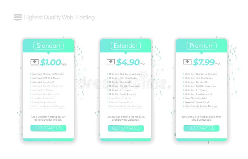 Web Hosting Boxes. Hosting plans for website. Three tariffs. Vector Illustration