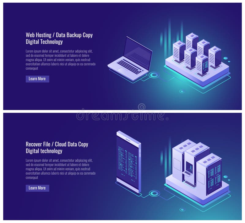 Web hosting, data backup copy, recover file concept, cloud data storage, digital technology, blockchain, server room, smartphone laptop isometric vector illustration on ultraviolet background