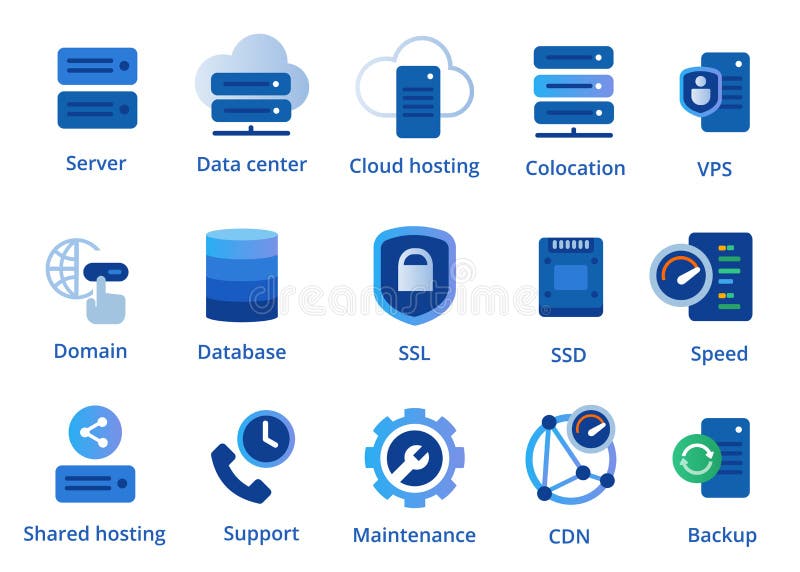 Web hosting service icon set from colocation server VPN shared to CDN and SSL vector illustration