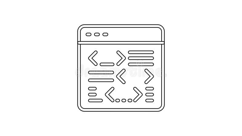 黑线软件Web开发人员编程代码图标（白色背景中）. javascript计算机脚本程序代码4k视频运动图形动画的随机部分.