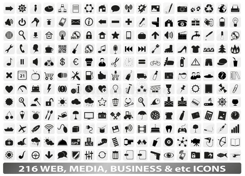 216 web, media, social, business icons / buttons