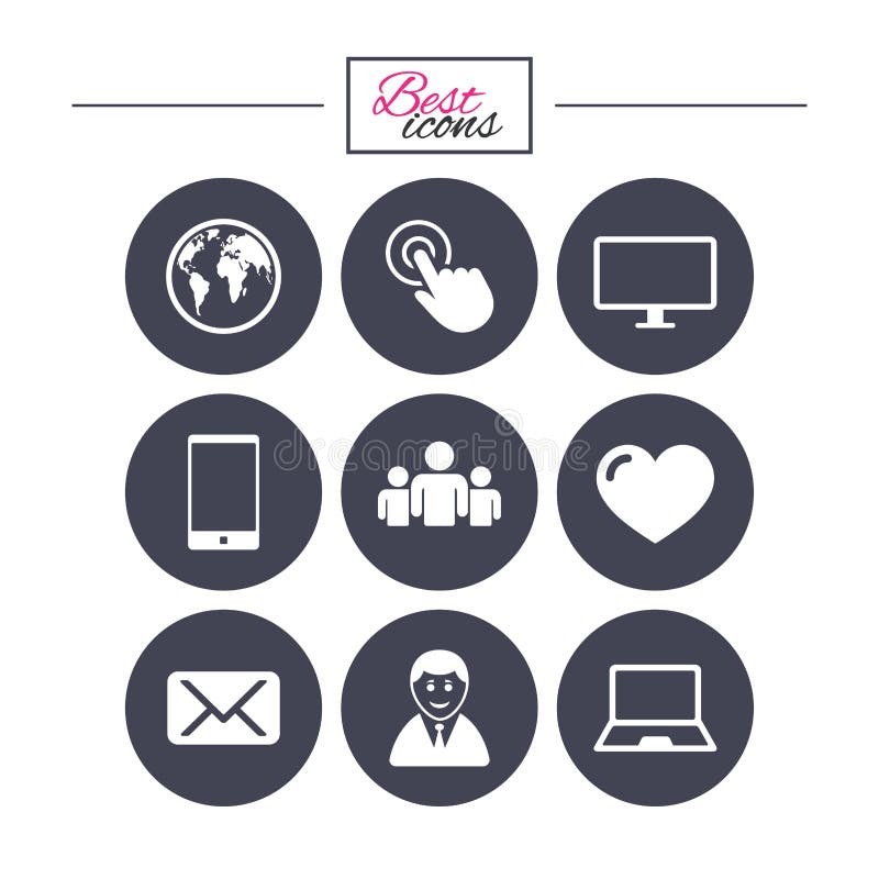 Web, Mobile Devices Icons. Share, Mail Signs. Stock Vector