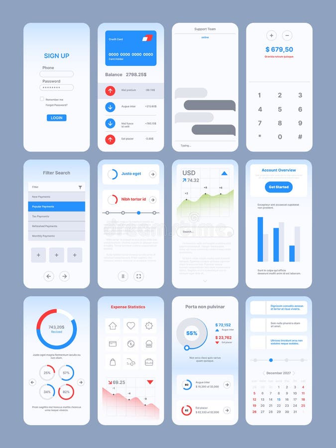 Web pages design. App online templates with user ui kit various modern symbols icons navigation frames search bar royalty free illustration