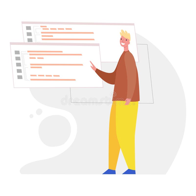 在计算机上进行Web开发的程序员. php python javascript脚本编码与编程概念 库存例证