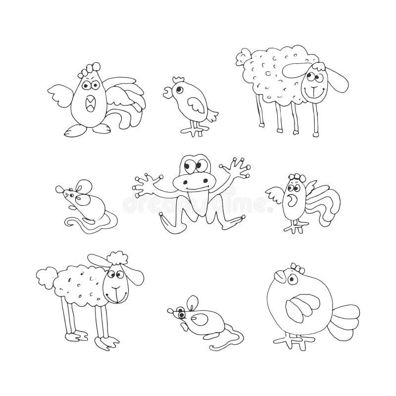 Birds and Animals. Doodle Contour Set Drawn by Hand .Vector Isolated
