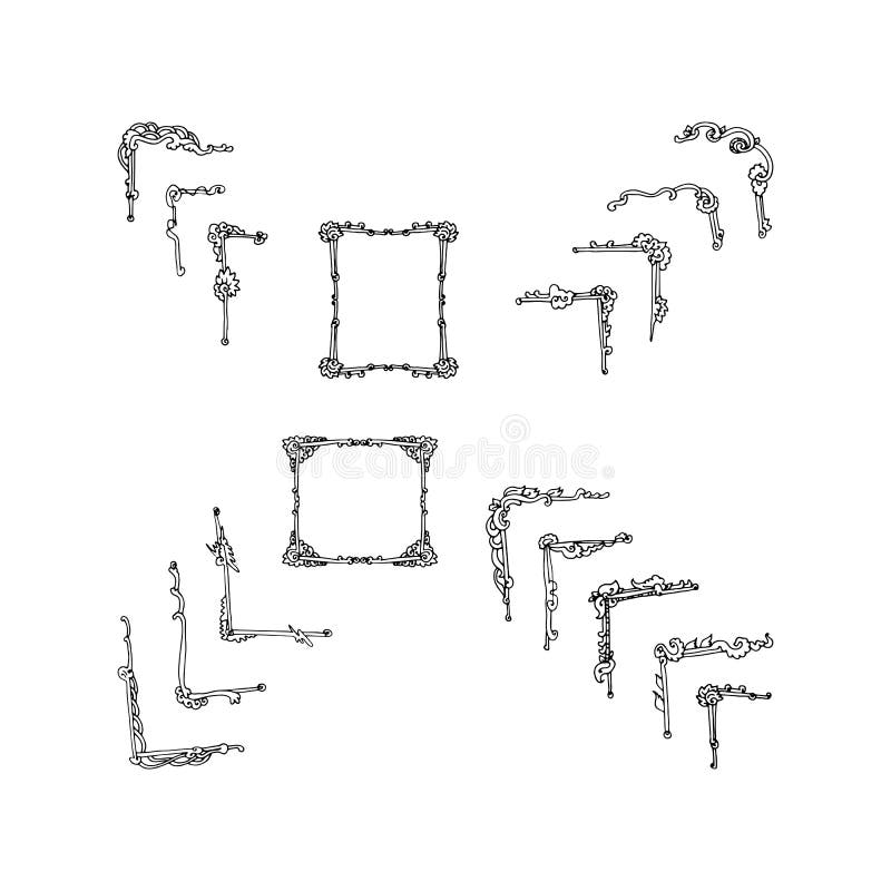 Set of Hand Drawn Decorative Corners for Frames. Stock Illustration