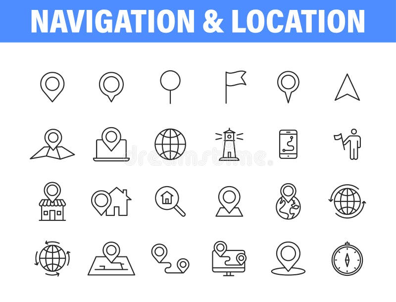Set of 24 Navigation and location, map, globe web icons in line style. GPS, global, marker, map royalty free illustration