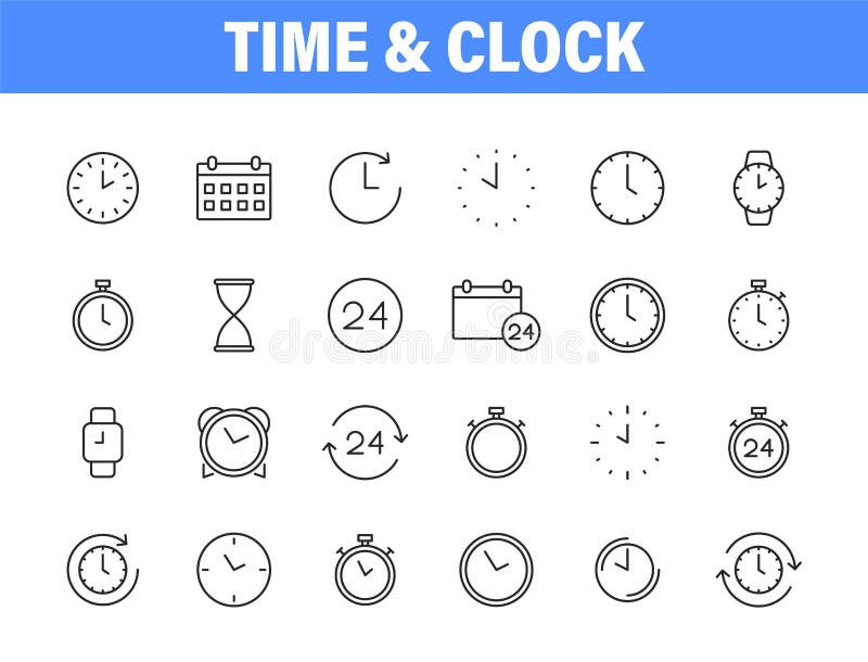 Set of 24 Time and clock web icons in line style. Timer, Speed, Alarm, Calendar. Vector illustration royalty free illustration