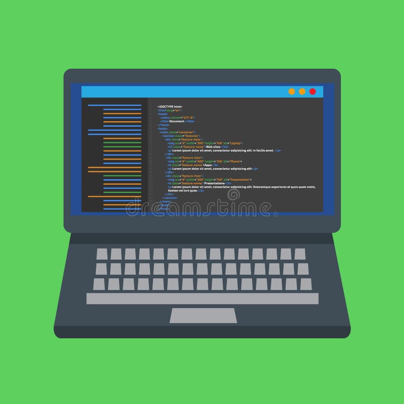 Web site do código do HTML Codificação do portátil, conceito de programação ilustração do vetor