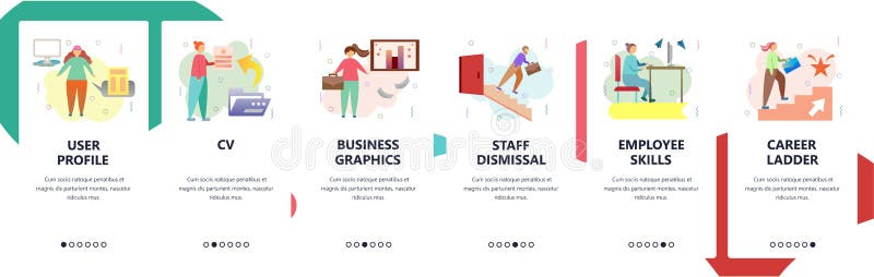 Web site onboarding screens. Business career, job resume and employee skills. Menu vector banner template for website vector illustration