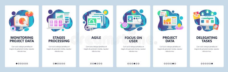 Web site onboarding screens. Business project development, monitoring and management. Agile and scrum process. Menu