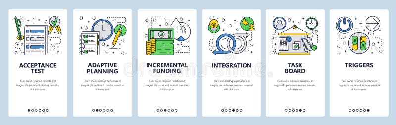 Web site onboarding screens. Business task management, planning and integration. Menu vector banner template for website vector illustration