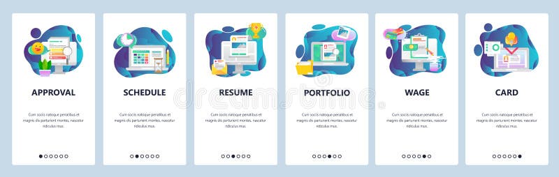 Web site onboarding screens. Business tasks management, CV and portfolio, access card. Menu vector banner template for vector illustration