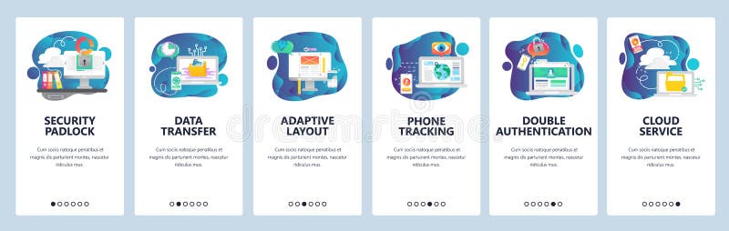 Web site onboarding screens. Computer security, cloud service and secure data sync. Menu vector banner template for stock illustration
