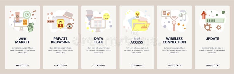 Web site onboarding screens. Cyber security and internet secure access. Privacy and data leak. Menu vector banner vector illustration