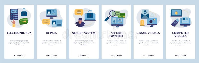Web site onboarding screens. Cyber security, secure access, ID pass and online payment. Menu vector banner template for website and mobile app development. Modern design flat illustration