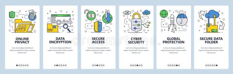 Web site onboarding screens. Cyber security, secure data transfer to cloud storage. Data encryption. Menu vector banner vector illustration