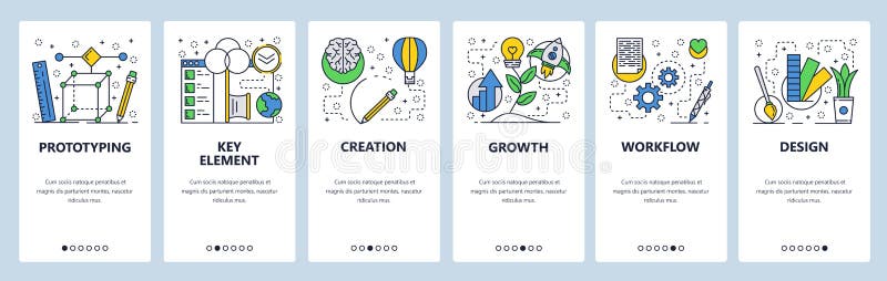 Web site onboarding screens. 3d modeling, prototyping, growth and design workflow. Menu vector banner template for vector illustration