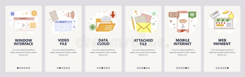 Web site onboarding screens. Data cloud sync, media files and mobile internet. Menu vector banner template for website vector illustration