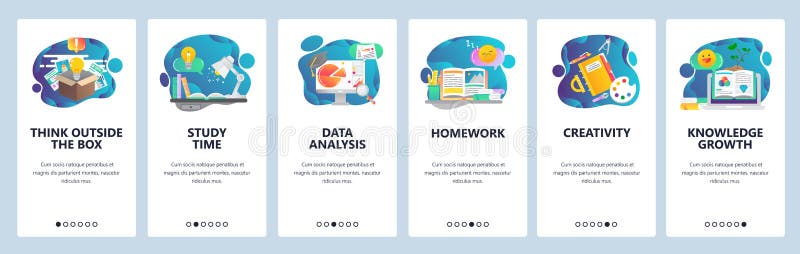 Web site onboarding screens. Education, knowledge, studying and creativity. Menu vector banner template for website and stock illustration Web site onboarding screens. Education, knowledge, studying and creativity. Menu vector banner template for website and stock illustration