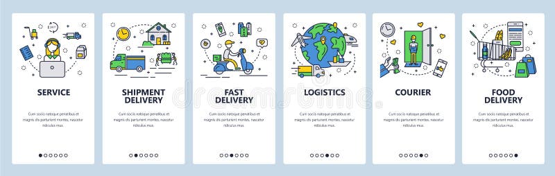 Web site onboarding screens. Fast shipping and food delivery. Menu vector banner template for website and mobile app stock illustration