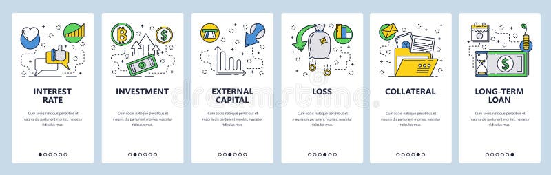 Web site onboarding screens. Finance, banking, investment, money flow. Menu vector banner template for website and stock illustration