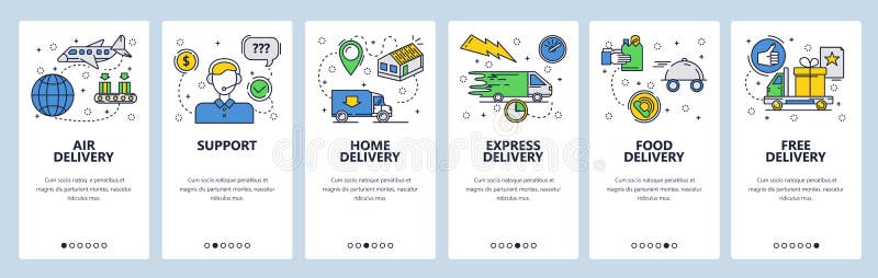 Web site onboarding screens. Home express and air delivery. Menu vector banner template for website and mobile app royalty free illustration
