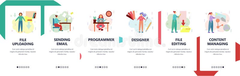 Web site onboarding screens. Home office, files downloading and editing, programming. Menu vector banner template for royalty free illustration