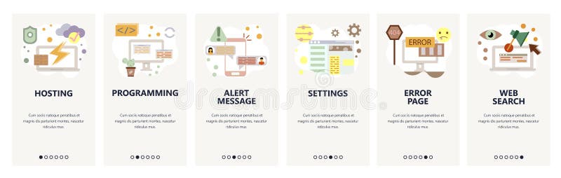 Web site onboarding screens. Internet services, programming and website coding, hosting. Menu vector banner template for royalty free illustration