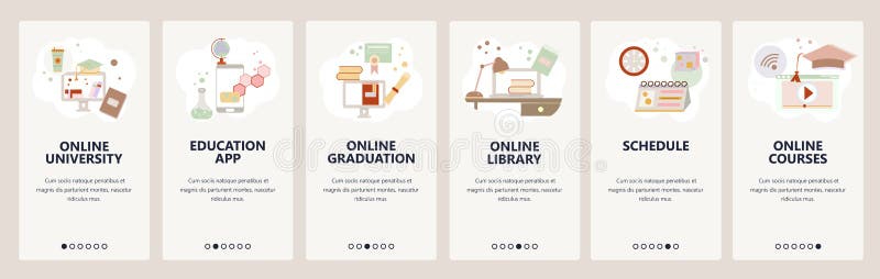 Web site onboarding screens. Online education, e-learning and digital library. Internet courses and tutorials. Menu vector illustration