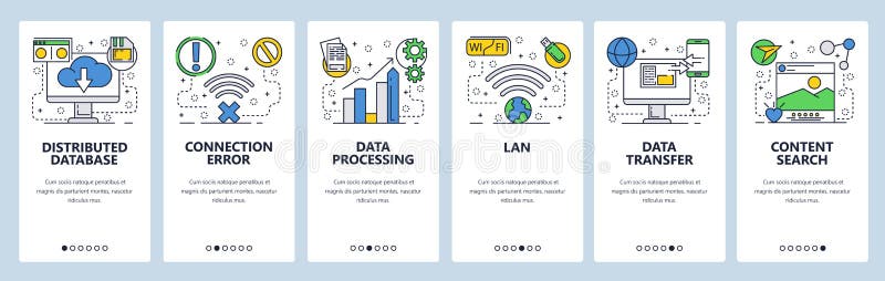 Web site onboarding screens. Online services, distributed database, cloud storage, wireless networks and data transfer. Menu vector banner template for website and mobile app development. Modern design flat illustration