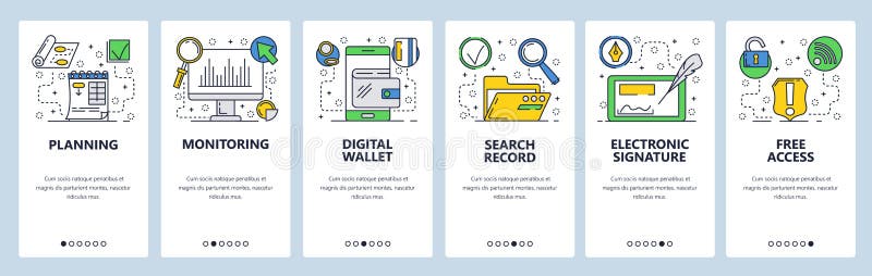 Web site onboarding screens. Online services, electronic signature, digital wallet.. Menu vector banner template for stock illustration