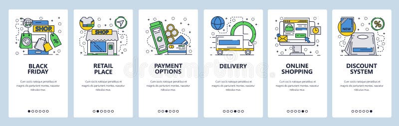 Web site onboarding screens. Online shopping and black friday sales. Menu vector banner template for website and mobile royalty free illustration Web site onboarding screens. Online shopping and black friday sales. Menu vector banner template for website and mobile royalty free illustration