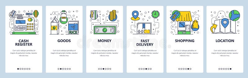 Web site onboarding screens. Online shopping and money payment. Menu vector banner template for website and mobile app stock illustration Web site onboarding screens. Online shopping and money payment. Menu vector banner template for website and mobile app stock illustration