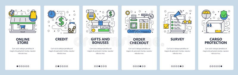 Web site onboarding screens. Online store, cash terminal, review and package delivery icons. Menu vector banner template stock illustration