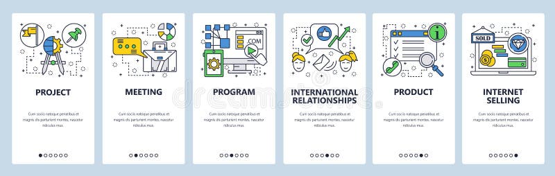 Web site onboarding screens. Project, software program, internet shop. Menu vector banner template for website and royalty free illustration