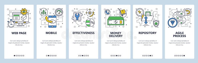 Web site onboarding screens. Repository, agile process. Menu vector banner template for website and mobile app royalty free illustration