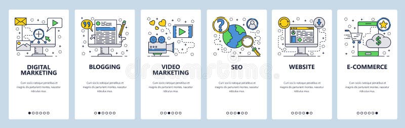 Web site onboarding screens. SEO, digital marketing, online shopping, video. Menu vector banner template for website and stock illustration