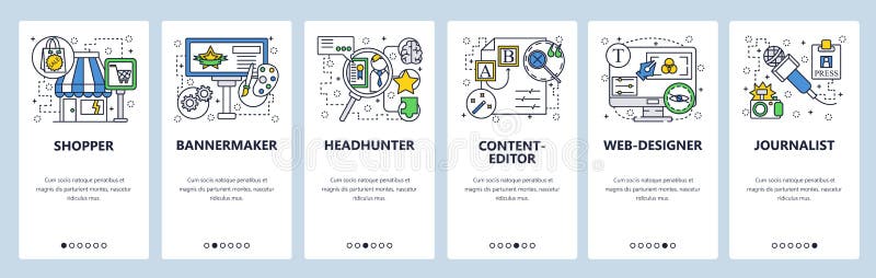 Web site onboarding screens. Shopping, headhunter, editor, web designer, journalism. Menu vector banner template for royalty free illustration