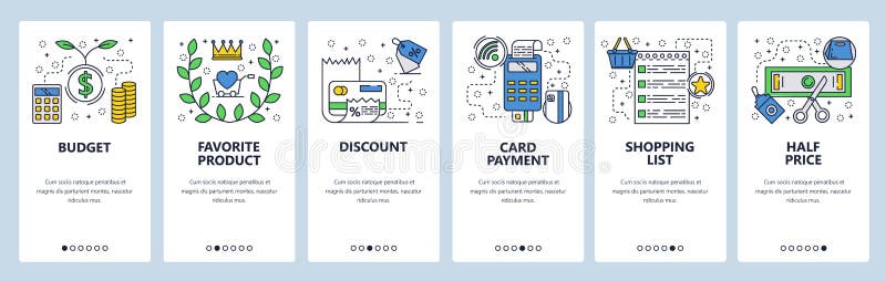 Web site onboarding screens. Shopping, sales and wireless credit card payment. Menu vector banner template for website stock illustration