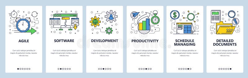 Web site onboarding screens. Software development and team management. Menu vector banner template for website and stock illustration