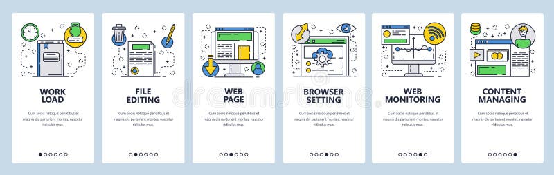 Web site onboarding screens. Web page content and internet monitoring. Computer online services. Menu vector banner stock illustration