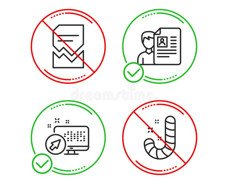 Web system, Corrupted file and Job interview icons set. Candy sign. Computer, Damaged document, Cv file. Vector stock illustration