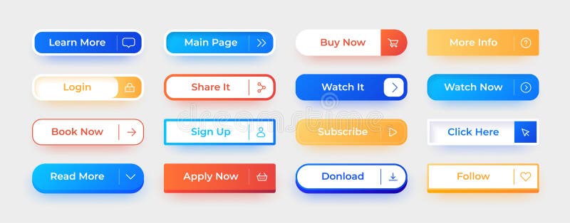 Web UI button. Call action interface elements. Watch now and follow rectangular icons with text. Click here and royalty free illustration