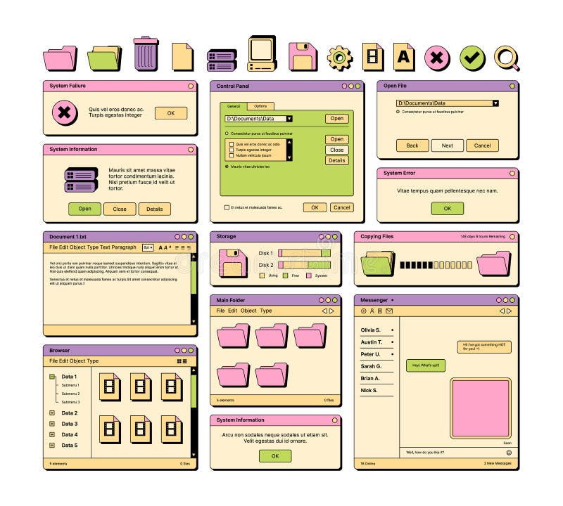 Web ui. 90s layout screen elements frame pages banners icons dividers and buttons garish vector ui templates stock illustration