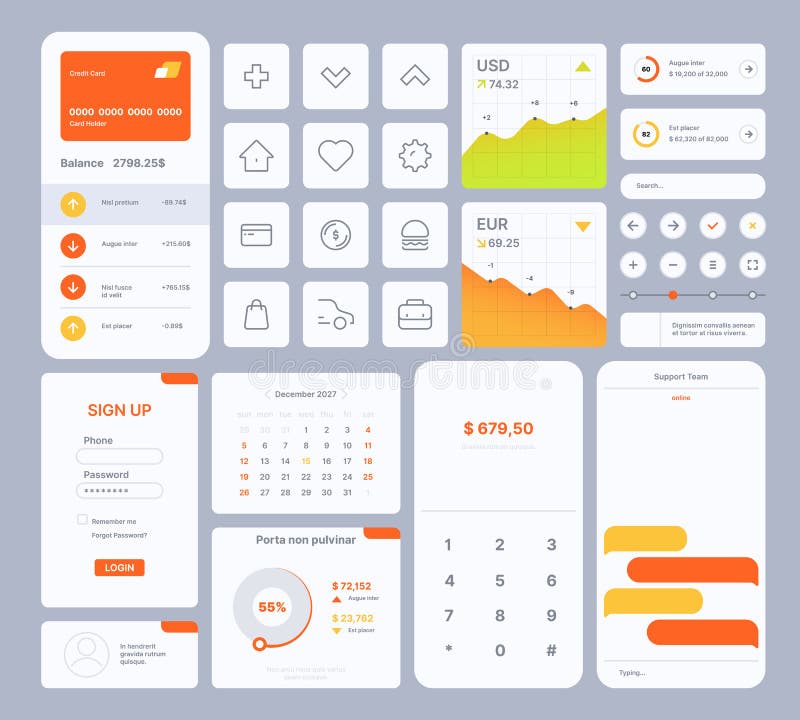 Web ui templates. User kit digital infographic elements dividers search bar frames buttons slider preview icons navigation vector collection. Illustration of interface app layout, navigation ui