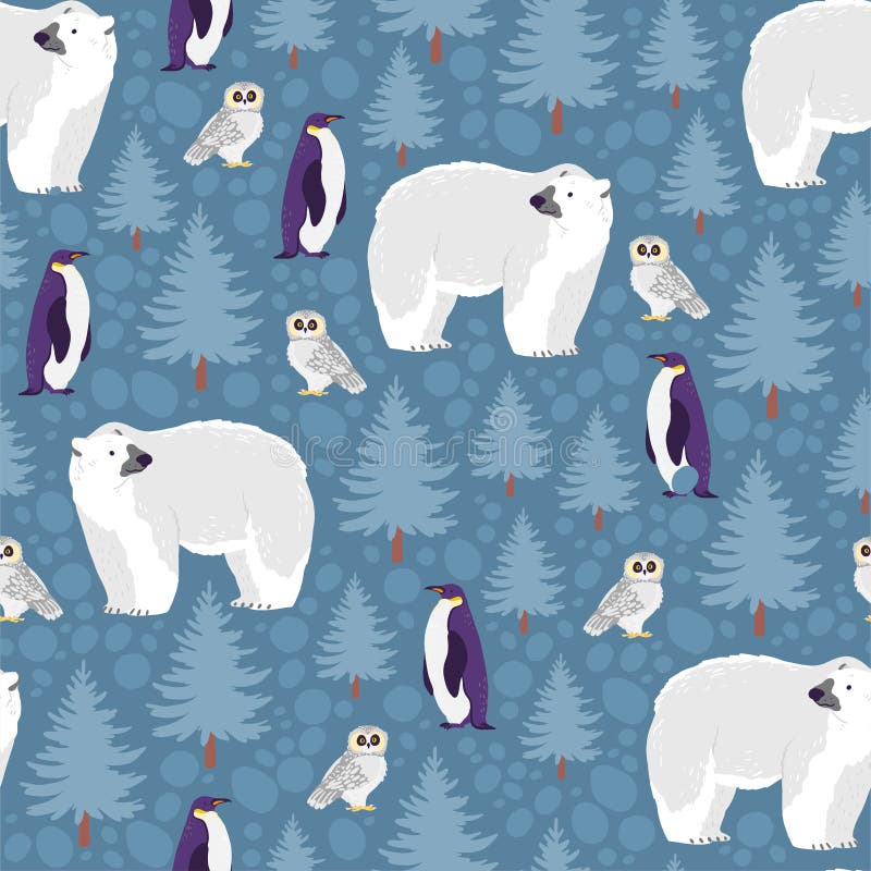 Vector flat seamless pattern with hand drawn north animals: polar bear, owl, penguin, fir tree isolated on winter landscape.