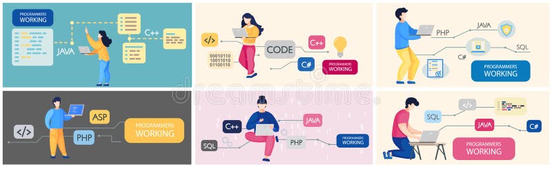 程序设计和编码. 在计算机上进行Web开发的程序员 皇族释放例证