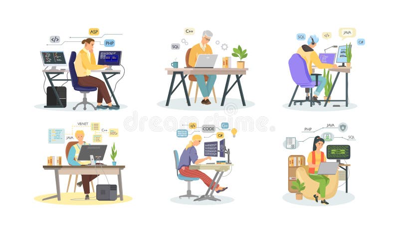 程序设计和编码. 在计算机上进行Web开发的程序员 向量例证