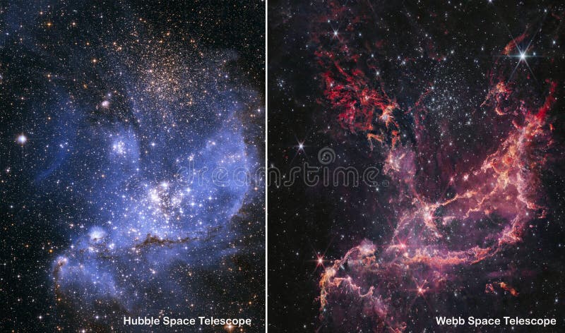 Webb and Hubble space telescopes side by side comparisons visual gains. Nebula NGC 346